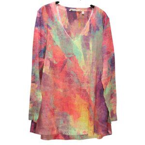 Soft Surroundings Watercolor V-Neck Long Sleeve Top Womens L 2BN51 Boho Chic
